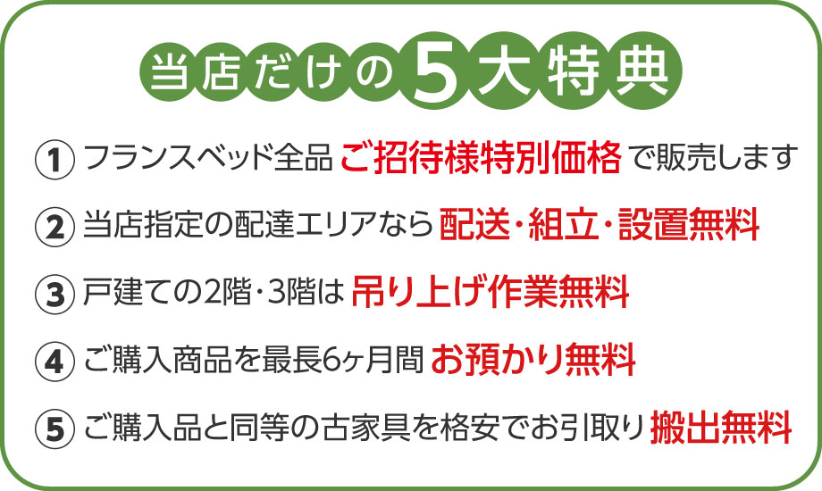 展示品全品を当店ご招待様限定特別価格で販売。配送・組立・設置無料。戸建の2階・3階は吊り上げ無料。最長6カ月間お預かり無料。同等の古家具を格安でお引き取りなど、当店だけの5大特典をご用意。